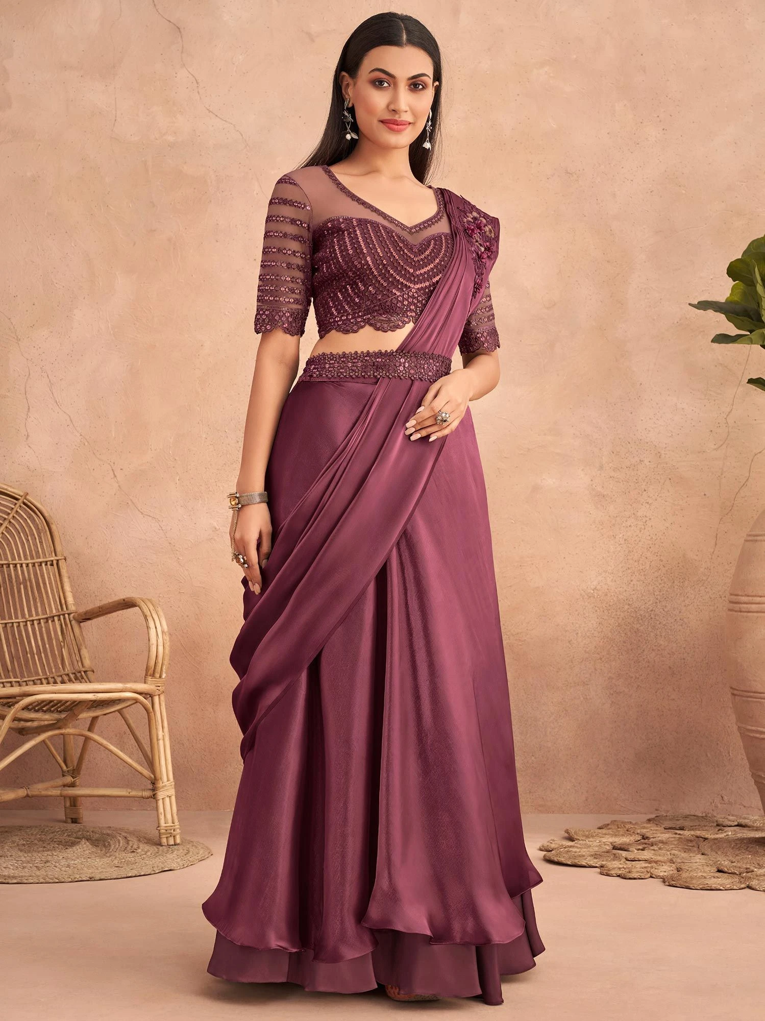 Magenta Pre-Stitched Satin Saree With Embroidery 3 Magenta Pre-Stitched Satin Saree With Embroidery