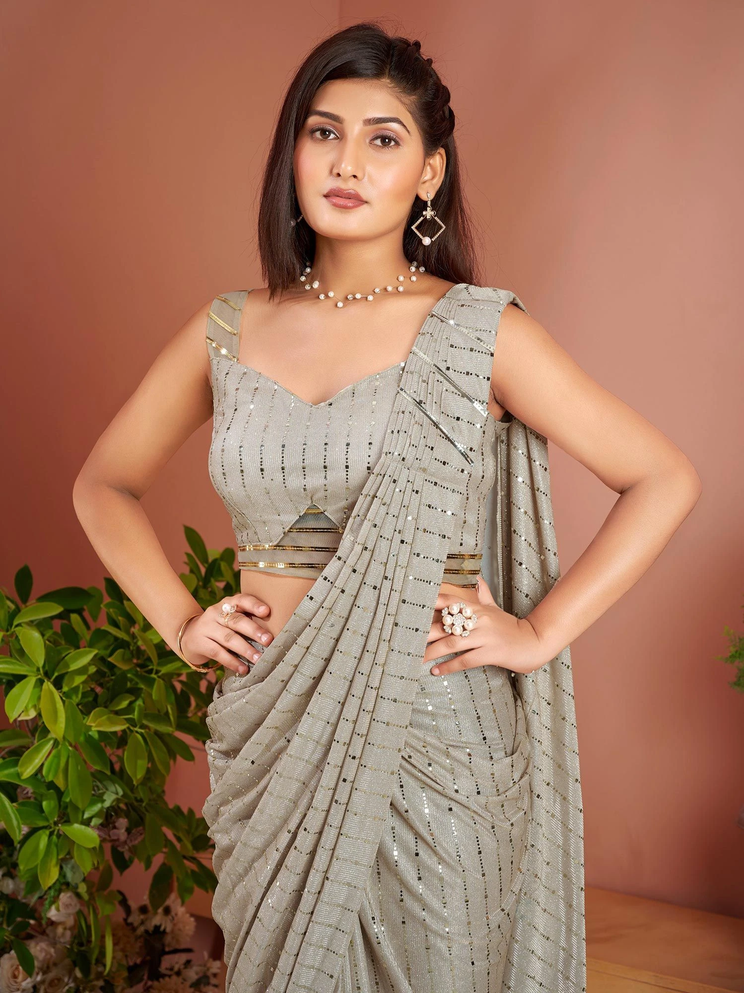 Grey Sequined Pre-Stithed Saree In Lycra 4 Grey Sequined Pre-Stithed Saree In Lycra - Image 2