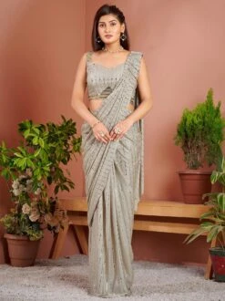 Grey Sequined Pre-Stithed Saree In Lycra