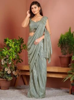 Green Sequins Embroidered Pre-Stitched Saree