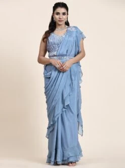 Blue Ruffle Bridesmaid Saree In Chiffon