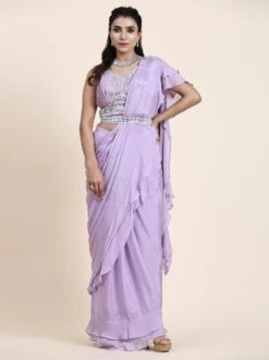 Purple Pre-Stitched Chiffon Saree With Blouse