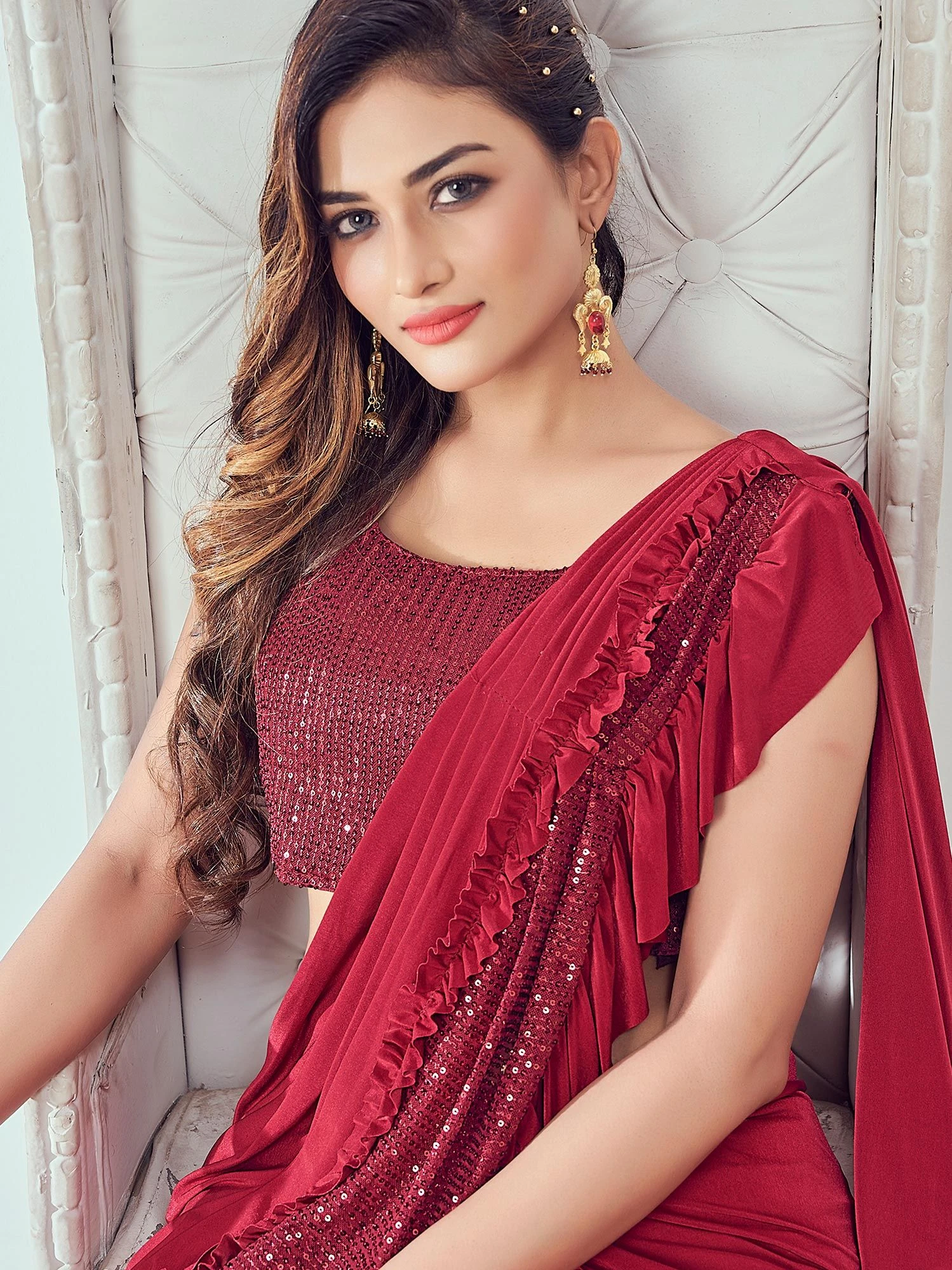 Red Sequined Ruffle Saree In Lycra 4 Red Sequined Ruffle Saree In Lycra - Image 2