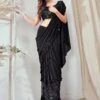 Black Ruffle Lycra Saree For Cocktail -Riwaayat Store p2142sr03