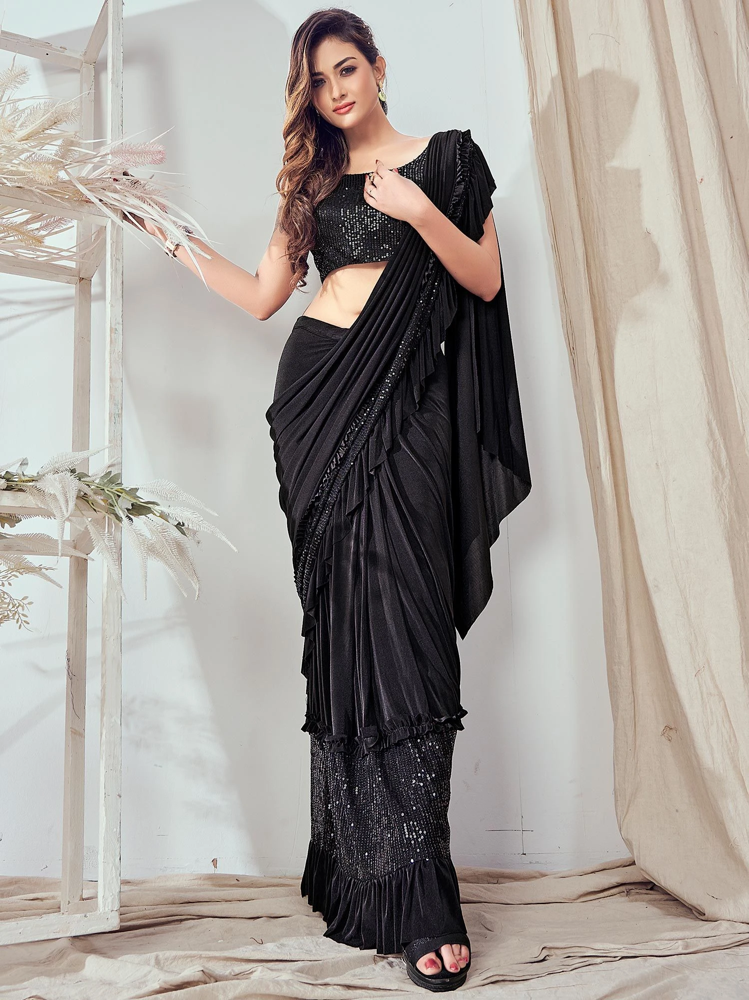 Black Ruffle Lycra Saree For Cocktail 3 Black Ruffle Lycra Saree For Cocktail
