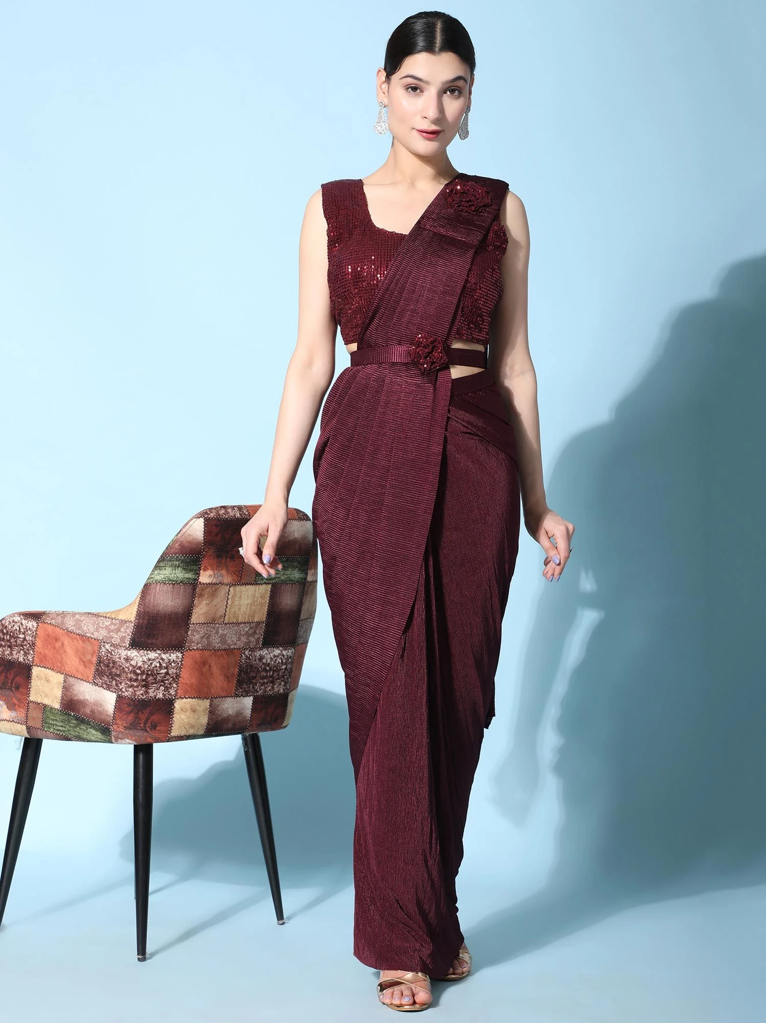 Maroon Pleated Pre-Stitched Lycra Saree 3 Maroon Pleated Pre-Stitched Lycra Saree