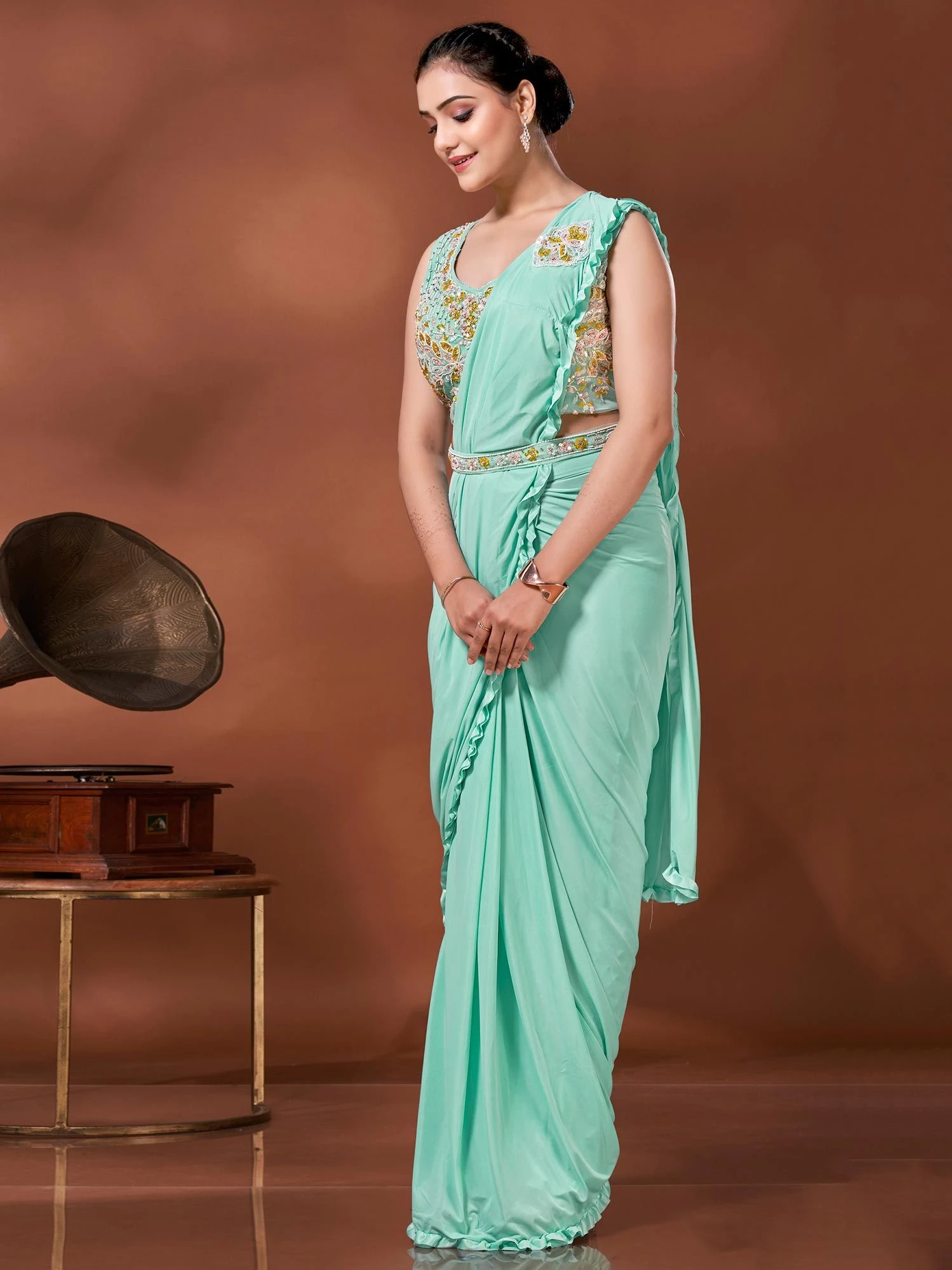 Blue Embellished Pre-Stitched Saree In Crepe 3 Blue Embellished Pre-Stitched Saree In Crepe