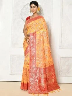 Yellow Woven Cotton Saree With Blouse