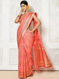 Peach Floral Woven Cotton Saree With Blouse