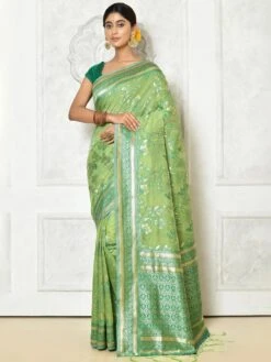 Green Cotton Saree With Floral Weaves