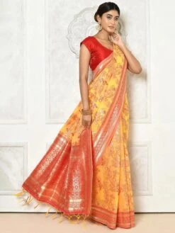 Yellow Festive Floral Woven Saree