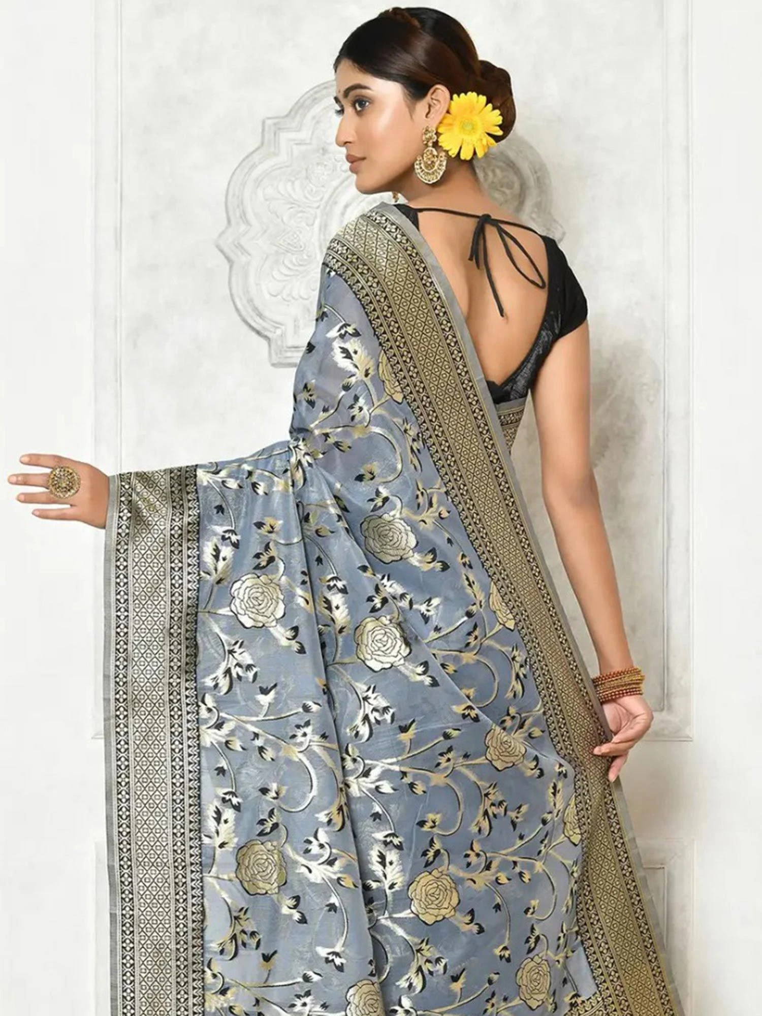 Grey Cotton Saree With Floral Weaves 4 Grey Cotton Saree With Floral Weaves - Image 2