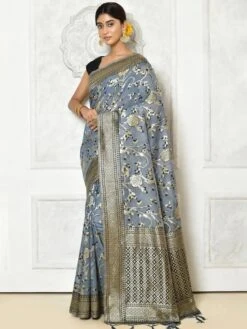Grey Cotton Saree With Floral Weaves