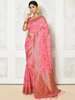 Pink Floral Festive Saree In Cotton