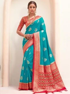 Blue Woven Traditional Saree In Silk