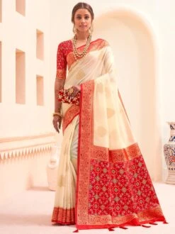 Cream Woven Traditional Saree In Silk