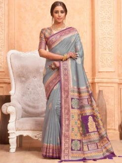 Grey Zari Woven Traditional Saree In Silk