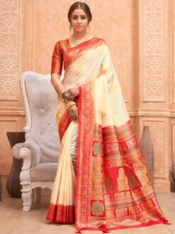 Cream Traditional Saree With Woven Work