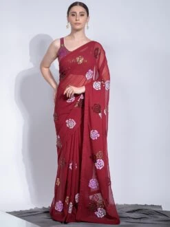 Maroon Sequined Georgette Saree With Blouse