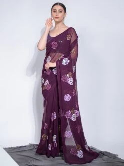 Purple Sequins Embroidered Saree In Georgette