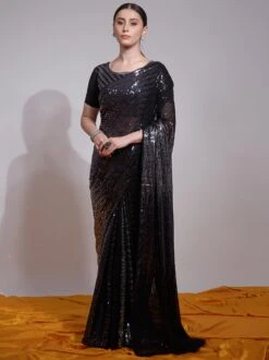 Black Sequined Cocktail Saree In Georgette