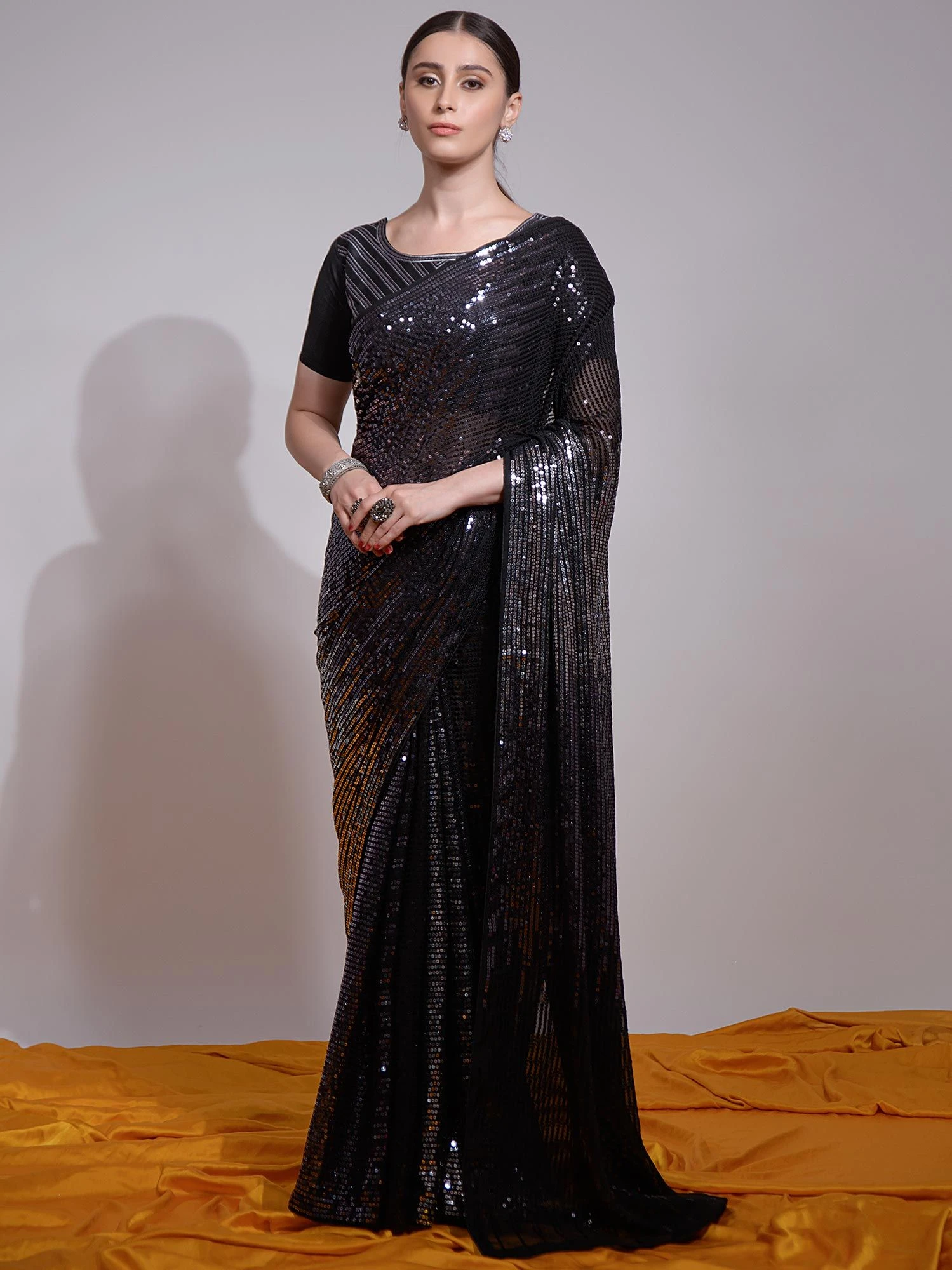 Black Sequined Cocktail Saree In Georgette 3 Black Sequined Cocktail Saree In Georgette