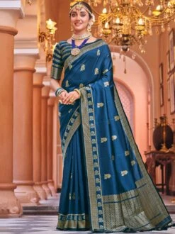 Blue Woven Festive Saree In Banarasi Silk
