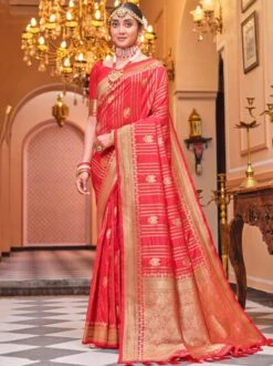 Peach Wedding Wear Saree In Banarasi Silk
