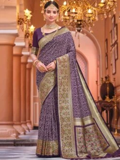 Purple Banarasi Silk Saree With Woven Borders