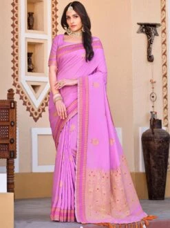 Pink Woven Wedding Wear Saree In Silk