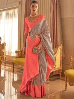 Grey Woven Silk Saree With Blouse