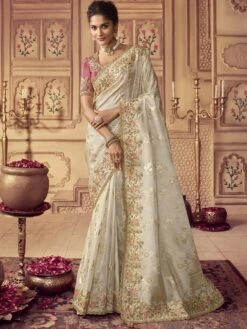 Off White Zari Woven Saree In Art Silk