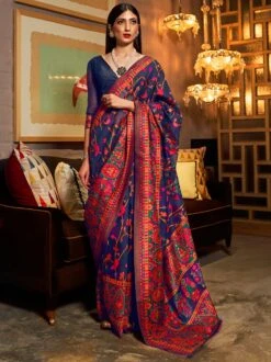 Blue Floral Woven Festive Saree In Silk