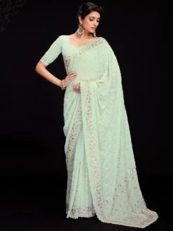 Green Chikankari Saree In Georgette
