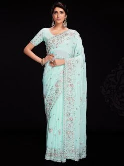 Blue Embroidered Bordered Sari In Georgette