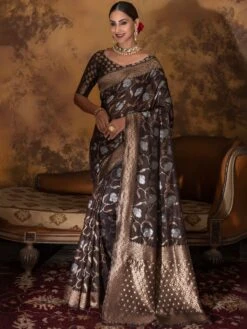 Brown Zari Woven Sari In Cotton