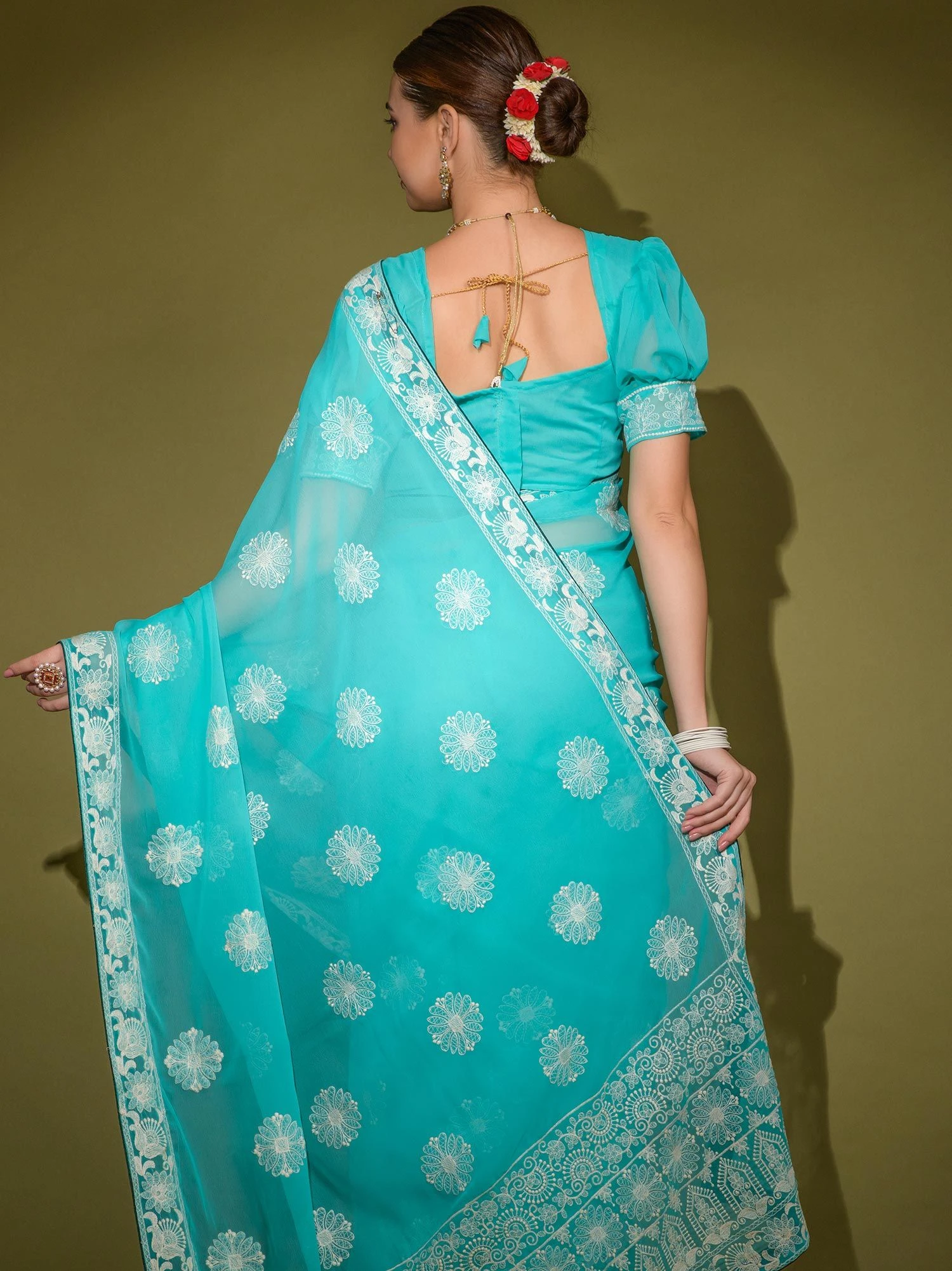 Blue Thread Embroidered Saree In Georgette 5 Blue Thread Embroidered Saree In Georgette - Image 3