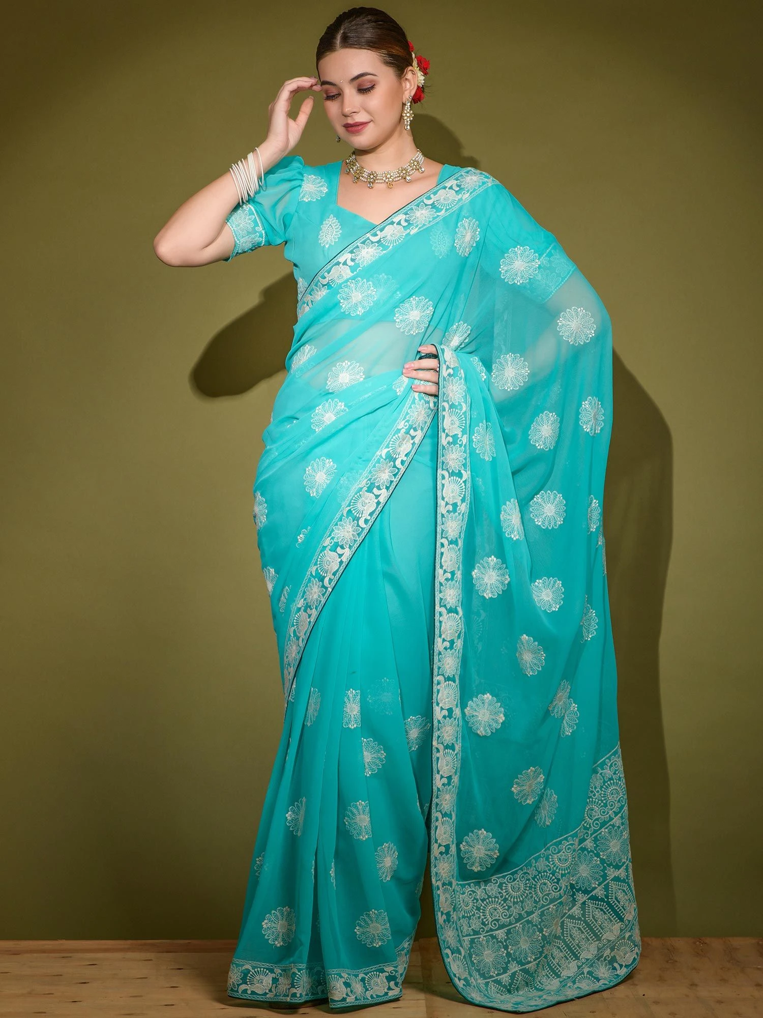 Blue Thread Embroidered Saree In Georgette 3 Blue Thread Embroidered Saree In Georgette