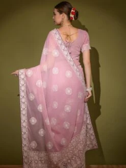 Pink Georgette Sari With Embroidered Border -Riwaayat Store p2198sr02 2