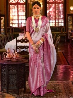 Silver Silk Saree With Woven Borders