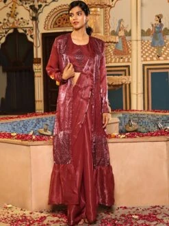 Brown Pre-Stiched Cocktail Saree In Satin