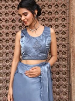 Blue Jacket Style Bridesmaid Saree In Satin -Riwaayat Store p2202sr05 1 1