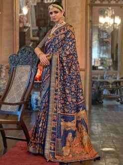 Blue Floral Printed Patola Silk Sari