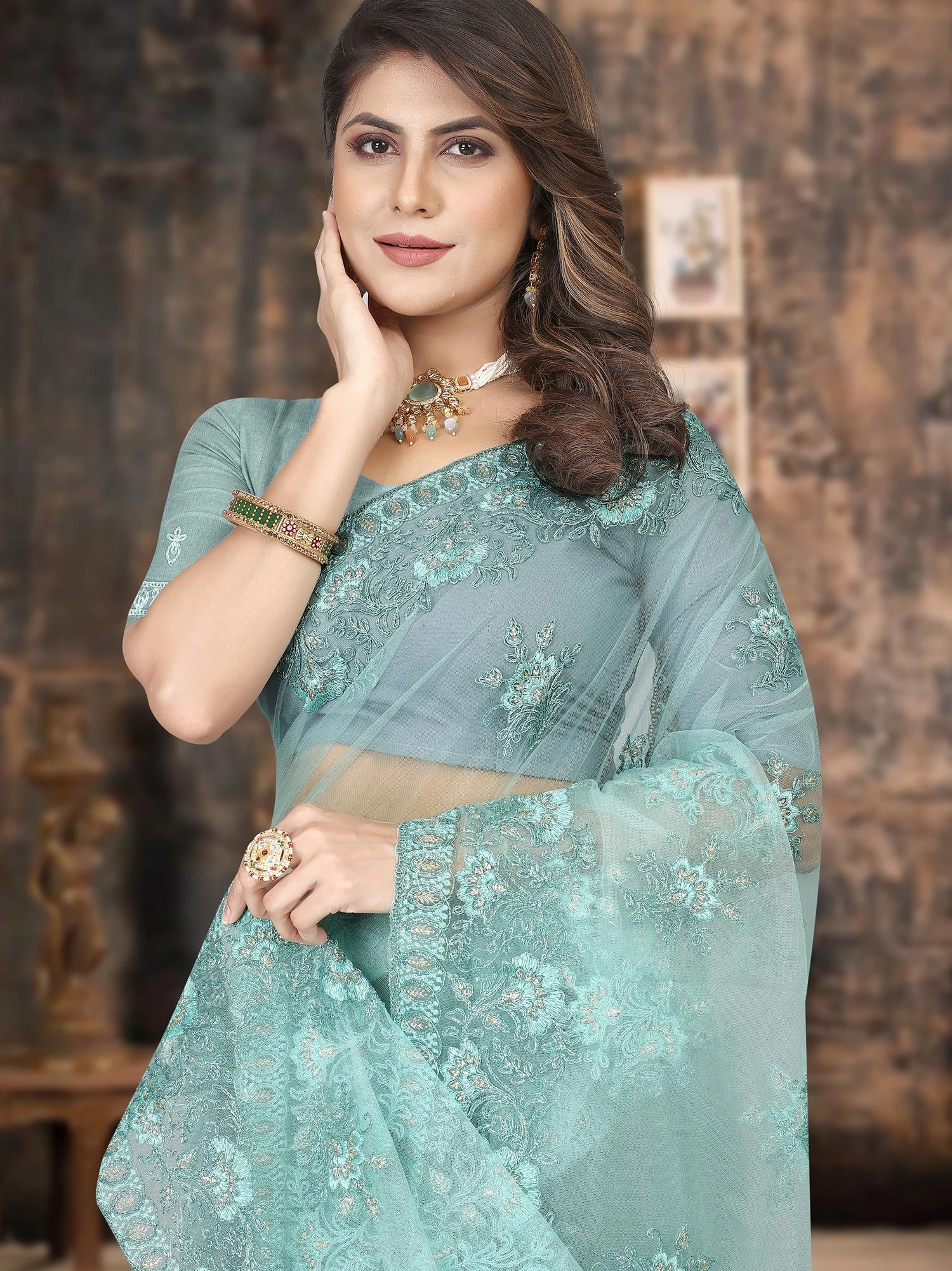 Blue Party Wear Saree With Embroidery 4 Blue Party Wear Saree With Embroidery - Image 2