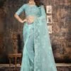 Blue Party Wear Saree With Embroidery