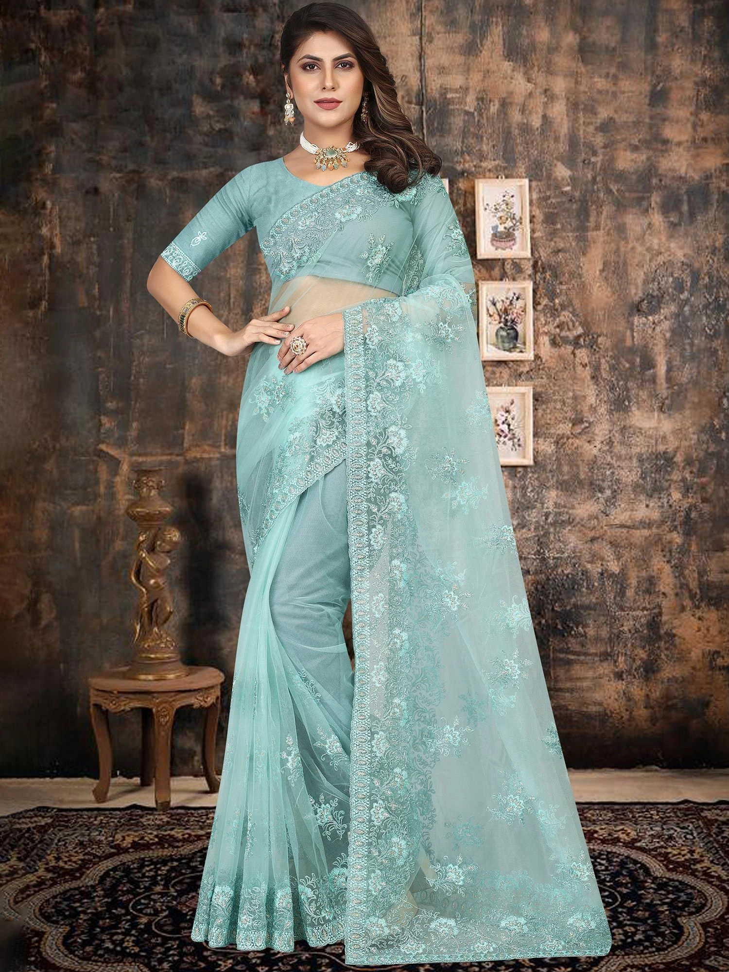 Blue Party Wear Saree With Embroidery 3 Blue Party Wear Saree With Embroidery