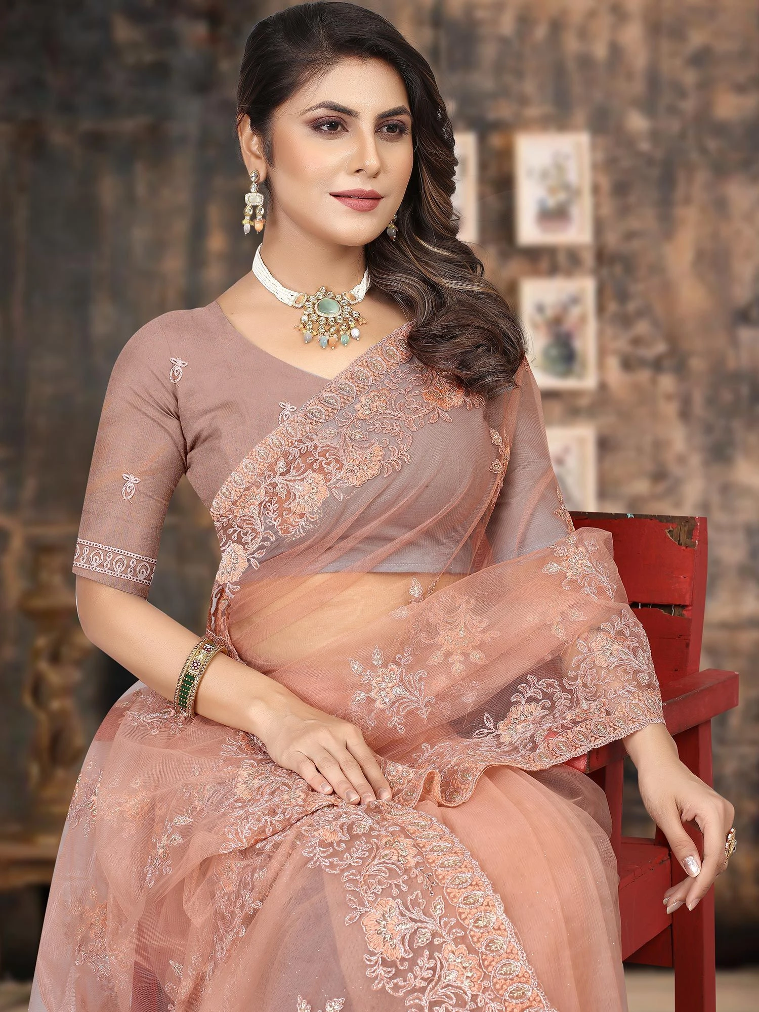 Peach Festive Net Saree With Embroidery 4 Peach Festive Net Saree With Embroidery - Image 2