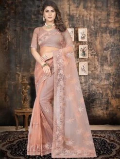 Peach Festive Net Saree With Embroidery
