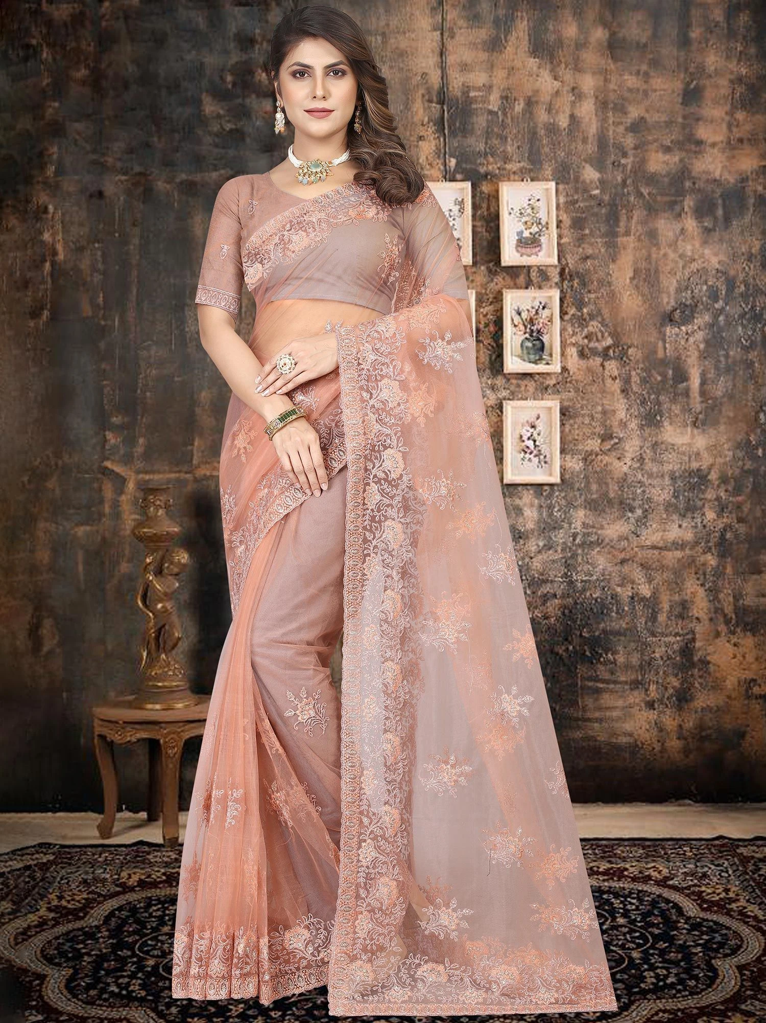 Peach Festive Net Saree With Embroidery 3 Peach Festive Net Saree With Embroidery