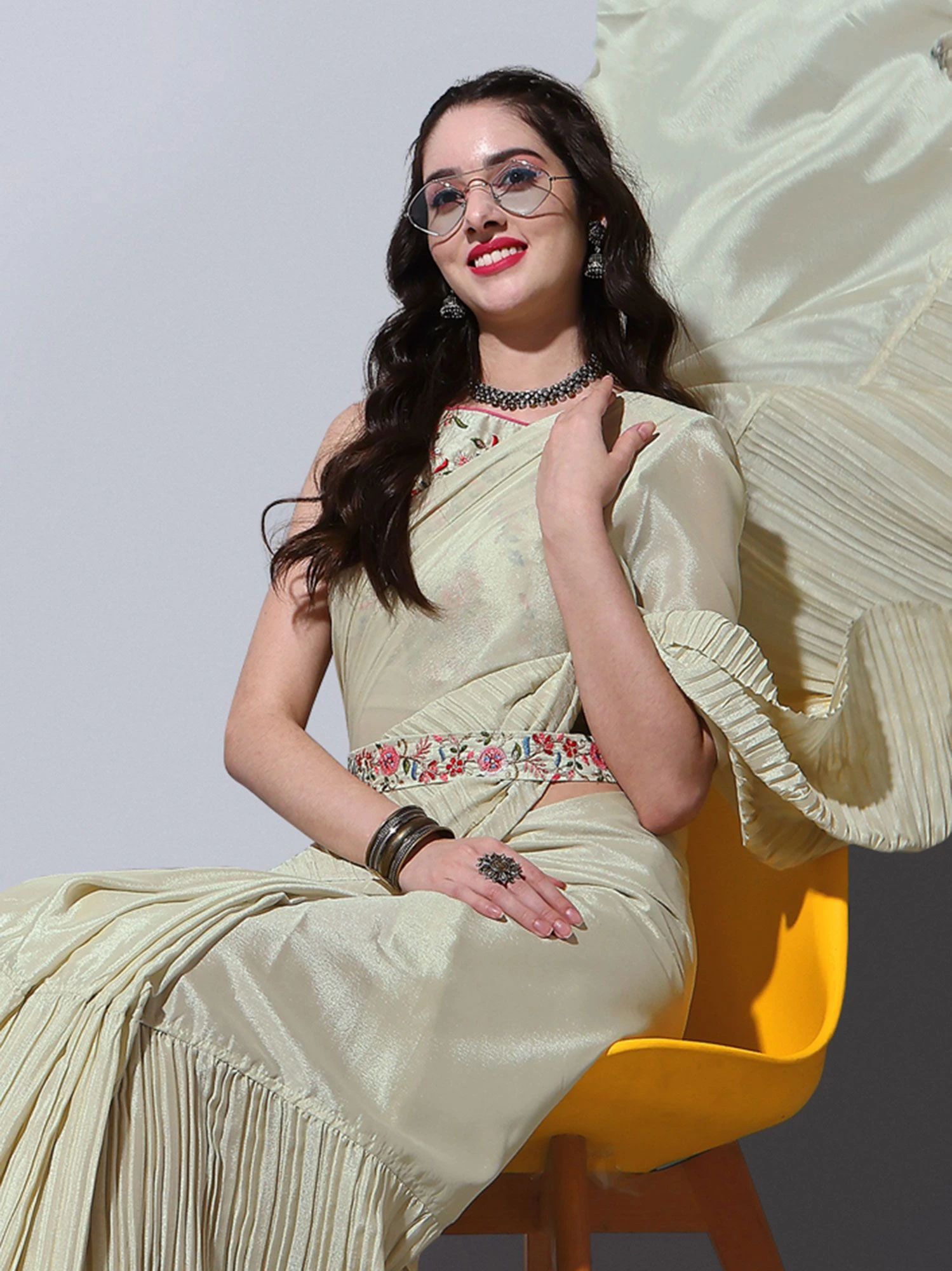 Cream Party Wear Saree With Embroidered Blouse 4 Cream Party Wear Saree With Embroidered Blouse - Image 2